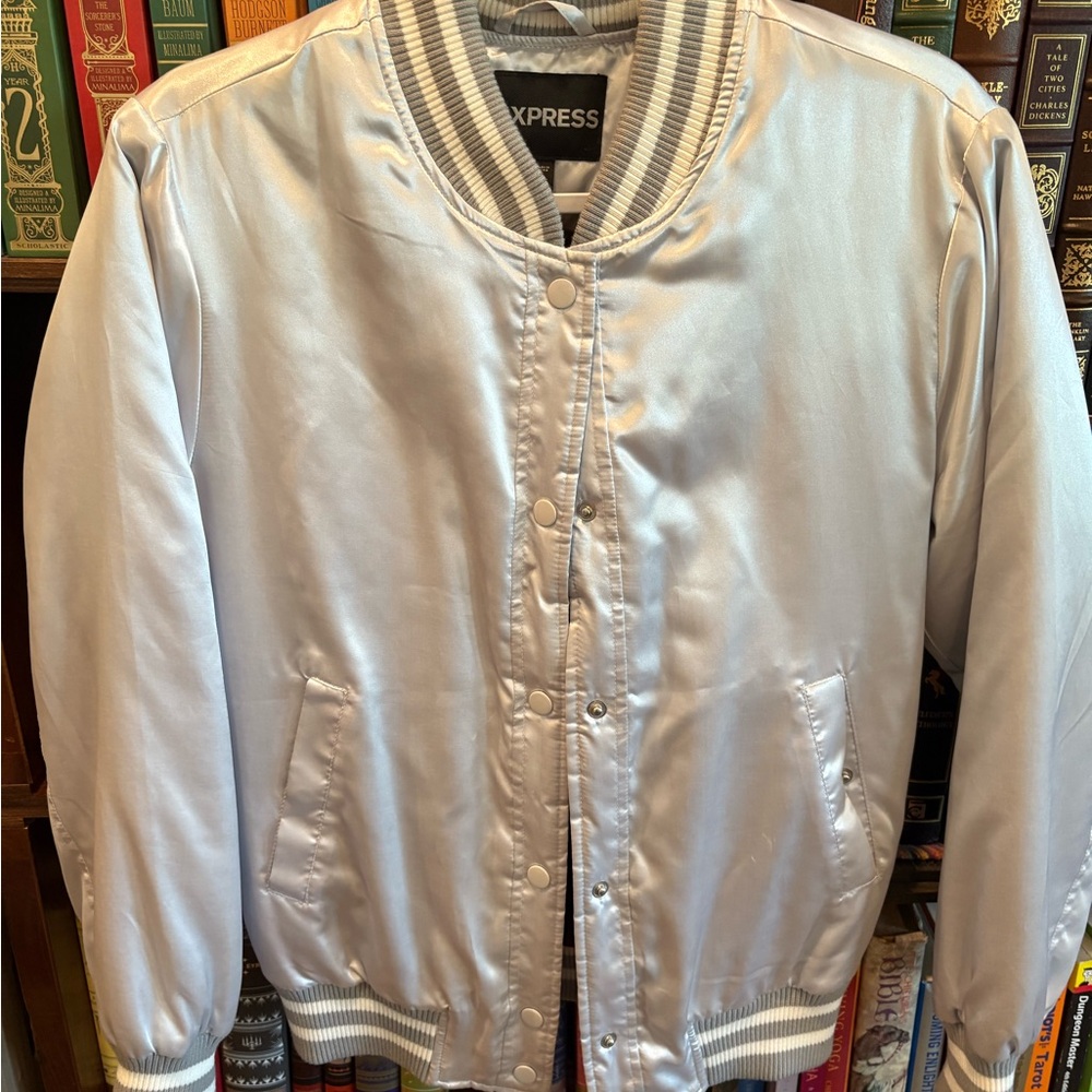 Express Metallic Gray Bomber Jacket